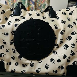 Tory Burch Black and Cream Leaf Print Tote